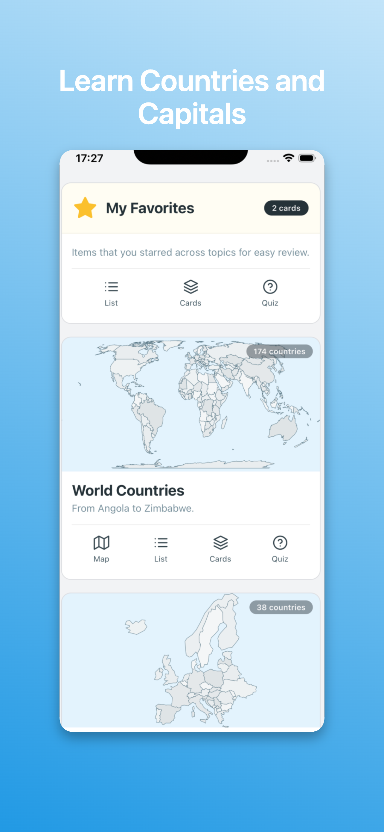 Home screen with topics and capitals