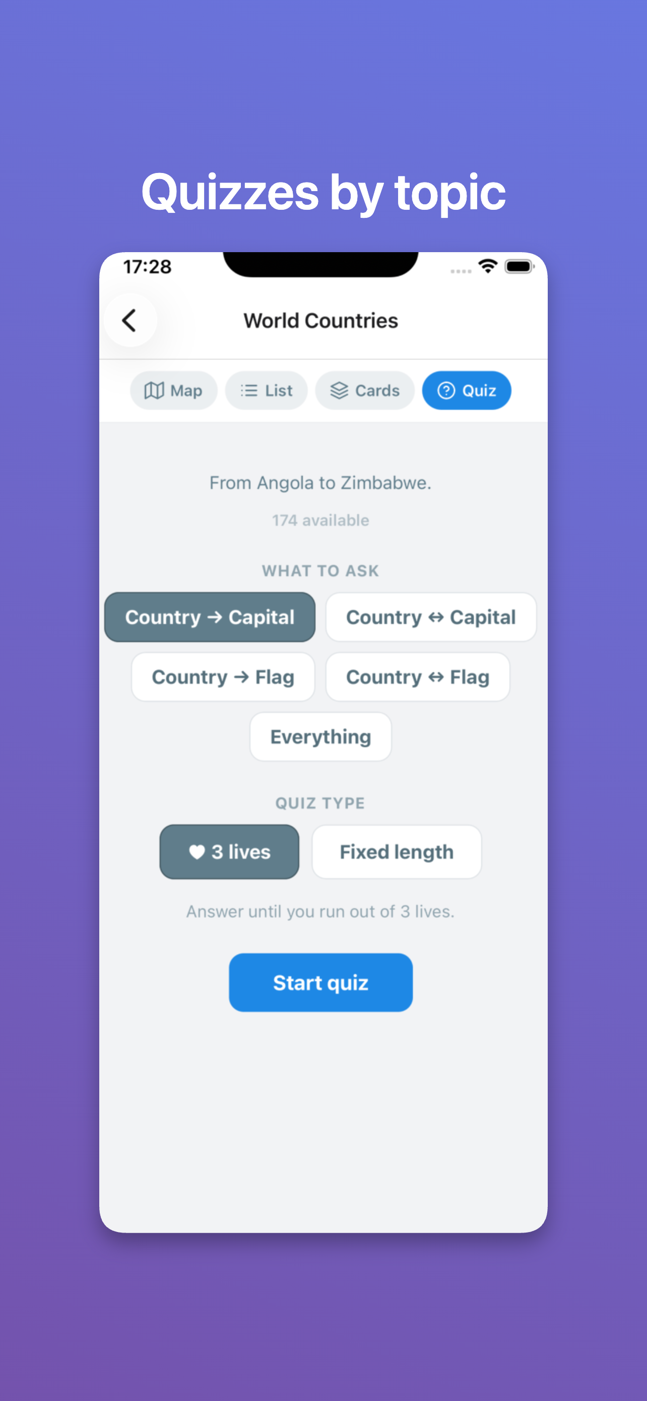 Quiz options by topic